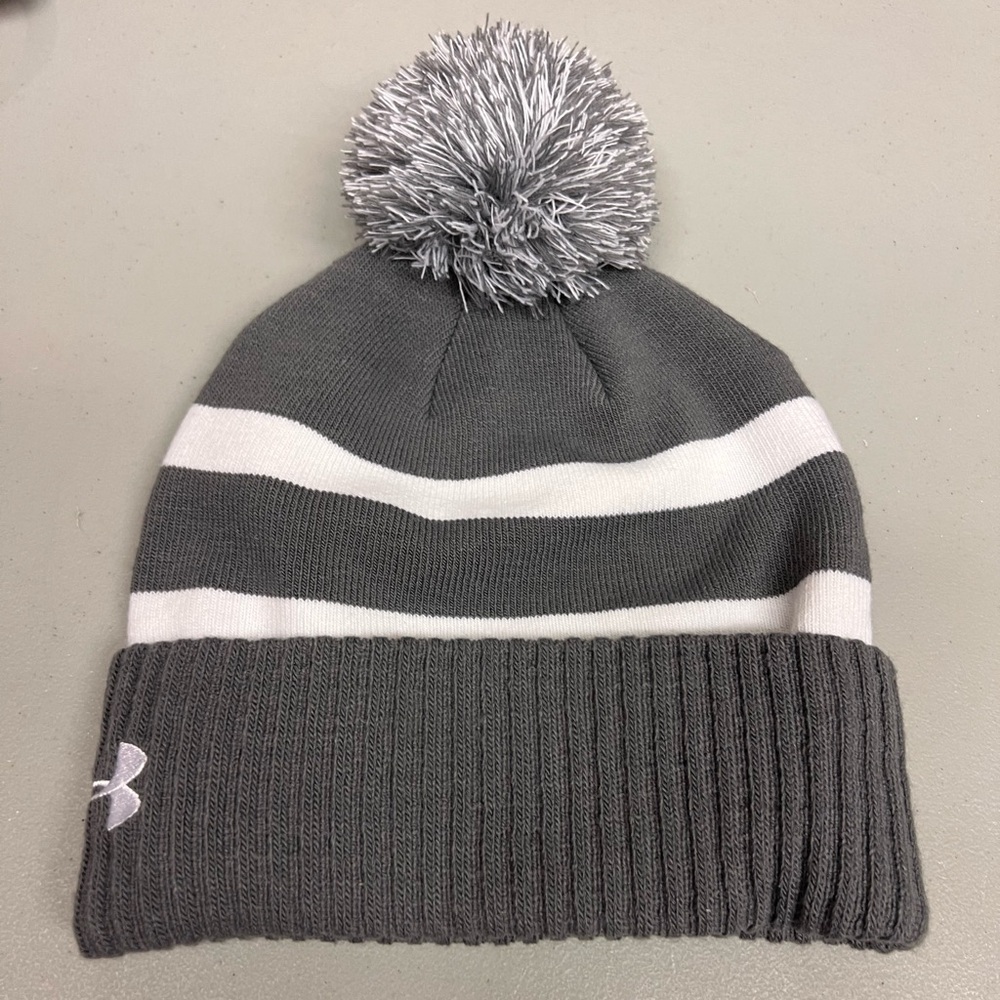 Under Armour Gray and White Striped Pom Hat